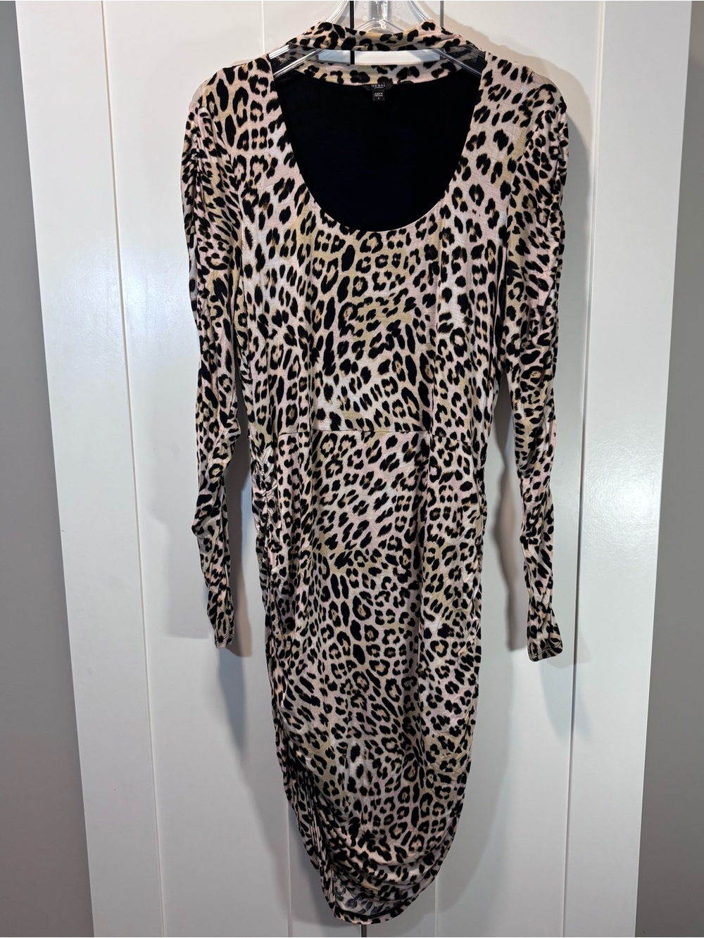 GUESS Leopard Print Ruched Bodycon Midi Dress Women’s L Long Sleeve Stretch